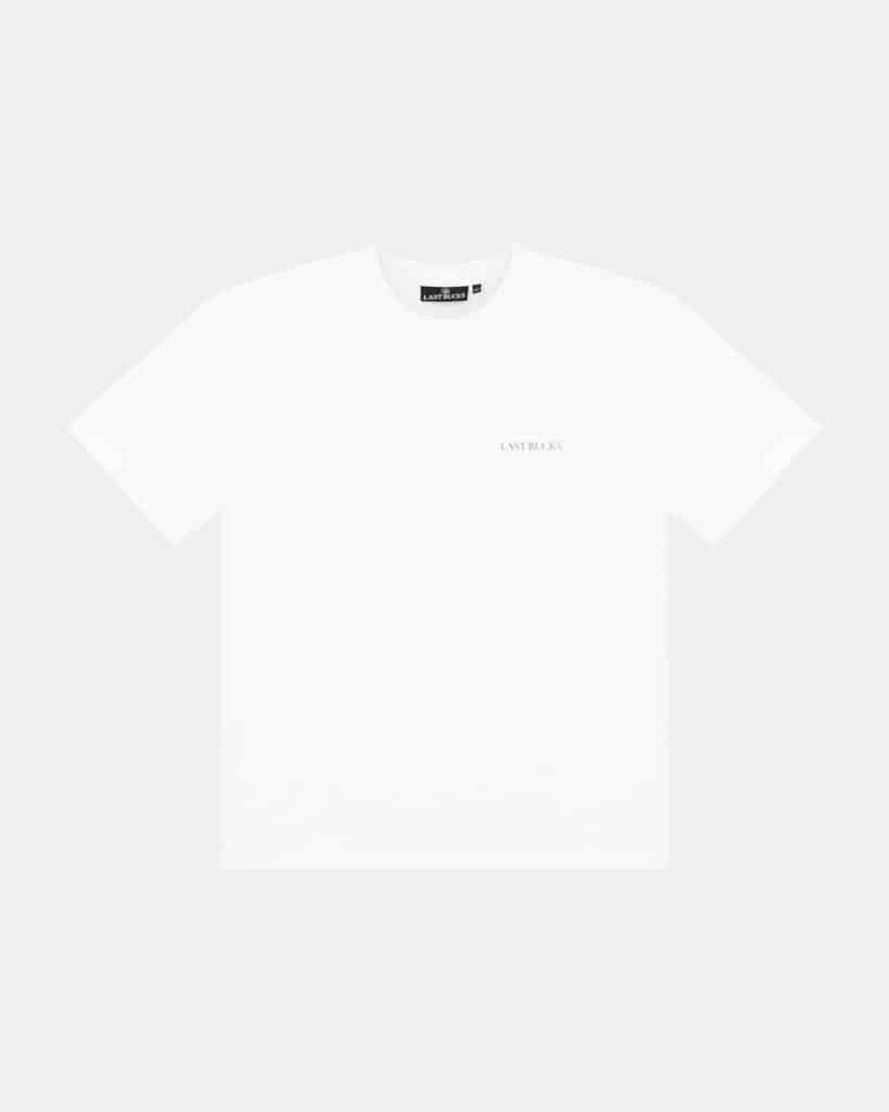 Front product view of the Own The Sky Tee in White with a small LAST BUCKS chest logo