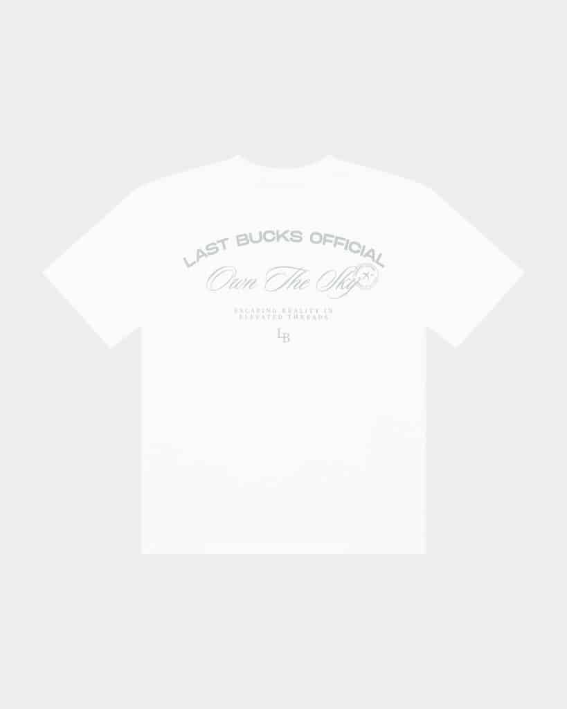 Back product view of the Own The Sky Tee in White with a large vintage-style Own The Sky graphic print