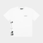The Balance Side Tee White - front view with small “LAST BUCKS” chest print and subtle side graphic detail along the left hem
