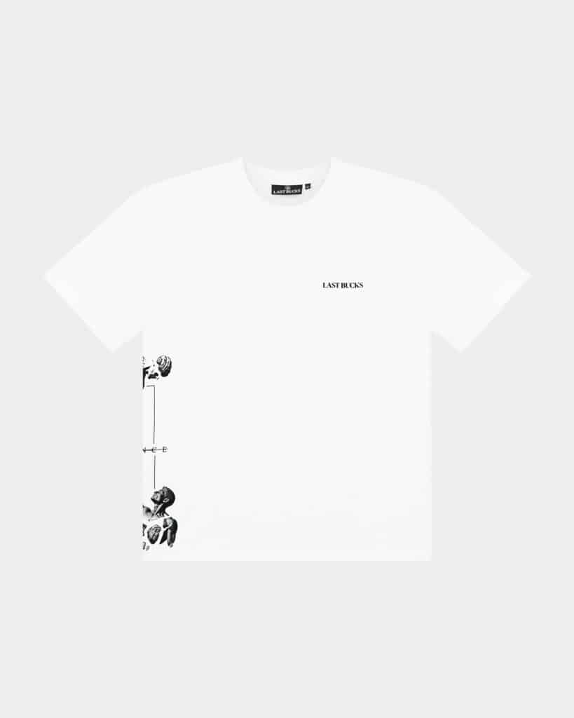 The Balance Side Tee White - front view with small “LAST BUCKS” chest print and subtle side graphic detail along the left hem