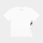 The Balance Side Tee White - back view with small “Unregulated Apparel” script at the upper back and a partial side graphic visible along the right hem