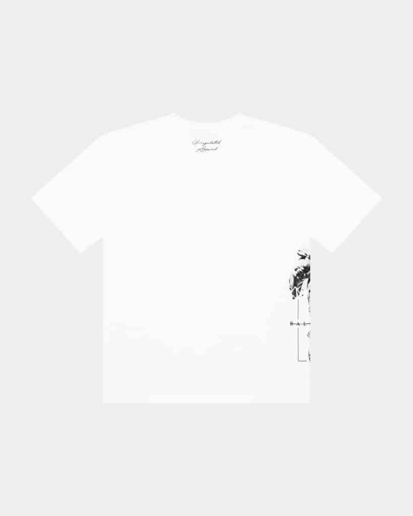 The Balance Side Tee White - back view with small “Unregulated Apparel” script at the upper back and a partial side graphic visible along the right hem