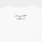 Close-up of the back neck print on The Balance Side Tee in white, featuring the handwritten “Unregulated Apparel” text