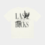 Uncaged Birds Tee Off-White - back view with large LAST BUCKS graphic, “Unregulated Apparel” script, and flying bird illustration