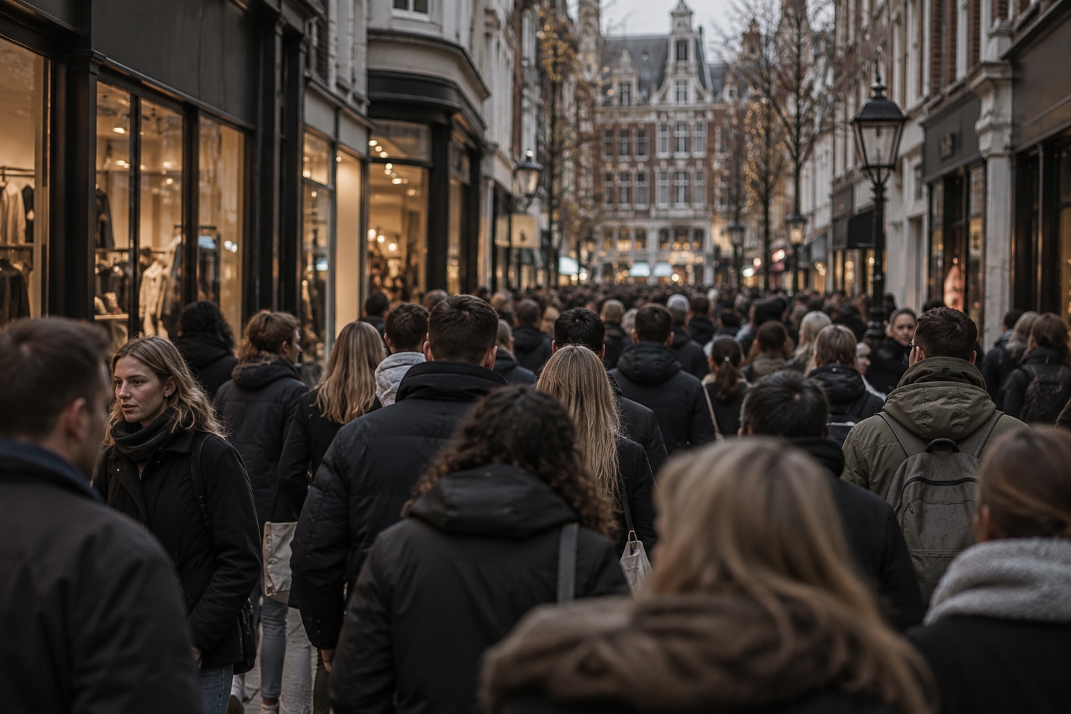 Drukke winkelstraat die laat zien waar de naam Black Friday vandaan komt