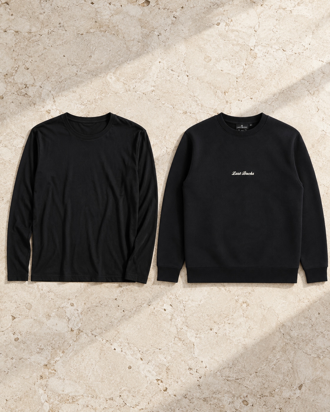 Longsleeve next to a 440gsm sweater, showing the weight difference