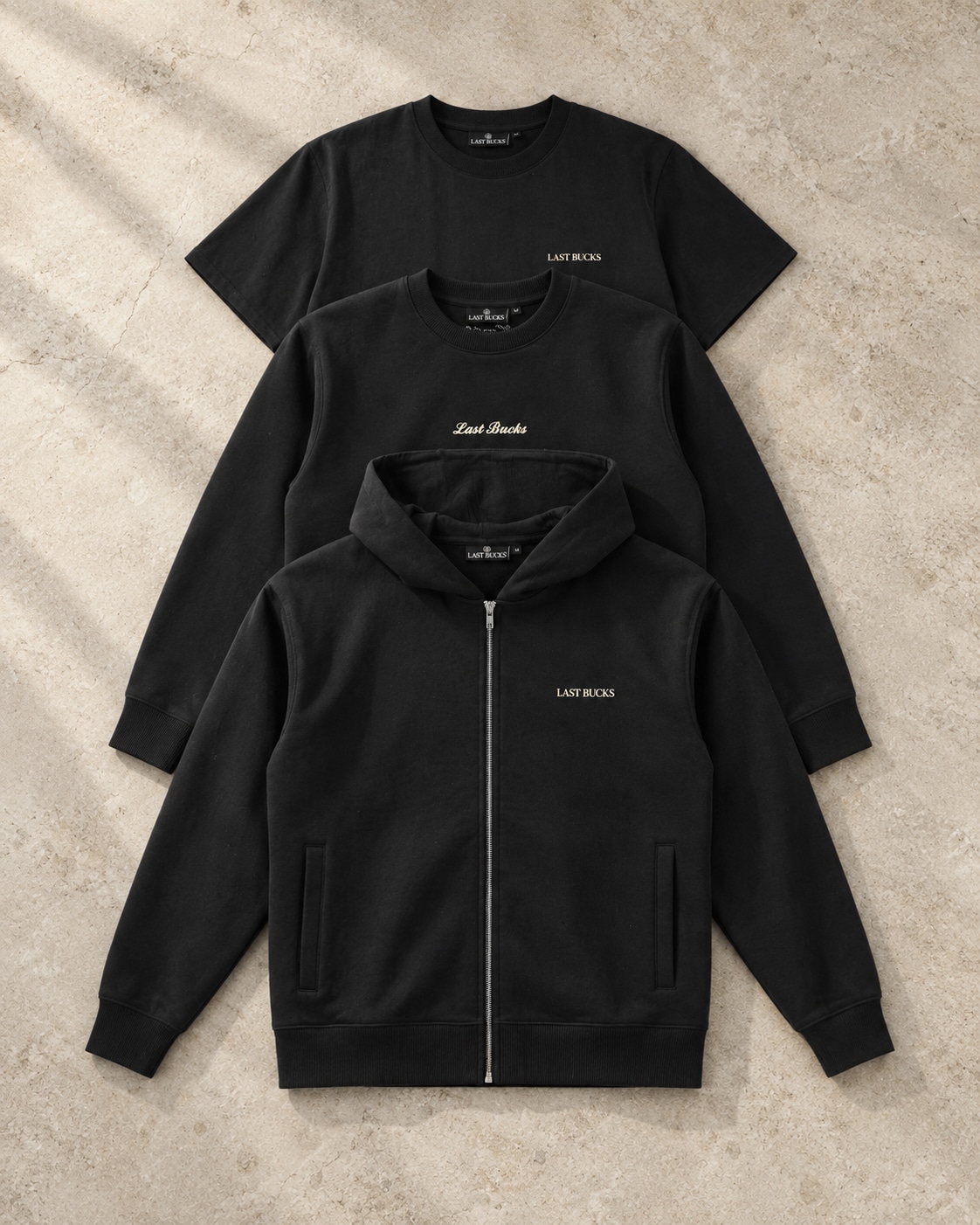 Three-layer winter system with a tee, sweater and zip hoodie