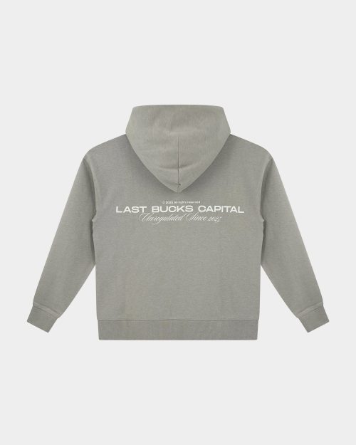 Capital Zip Hoodie Mari Grey -Back view on a plain background, featuring a hood and "LAST BUCKS CAPITAL" back print with "Unregulated Since 2025"