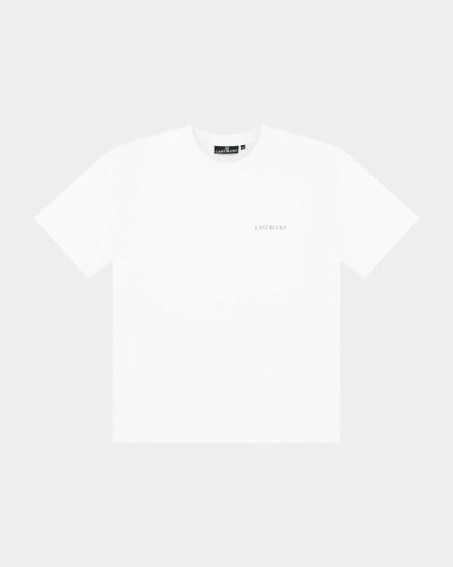 Front product view of the Own The Sky Tee in White with a small LAST BUCKS chest logo