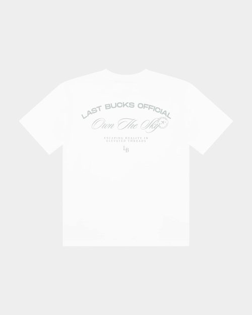 Back product view of the Own The Sky Tee in White with a large vintage-style Own The Sky graphic print