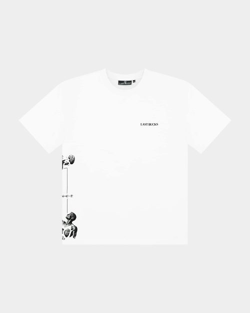 The Balance Side Tee White - front view with small “LAST BUCKS” chest print and subtle side graphic detail along the left hem