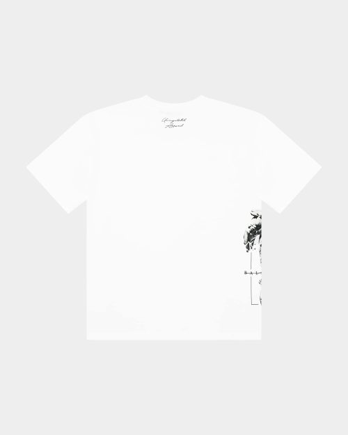 The Balance Side Tee White - back view with small “Unregulated Apparel” script at the upper back and a partial side graphic visible along the right hem