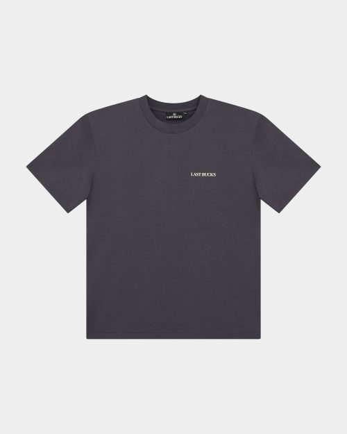 In Balance Tee Anthracite - Front view of the In Balance Tee in Anthracite, featuring a minimalist “LAST BUCKS” chest logo