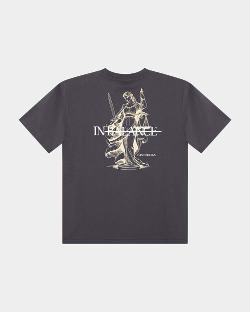 In Balance Tee Anthracite - Back view of the In Balance Tee in Anthracite, featuring a large Lady Justice artwork with “IN BALANCE” text and “LAST BUCKS” detail