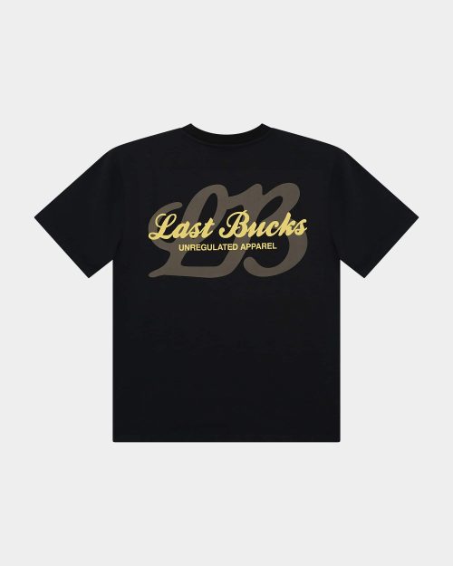 The Script Tee Jet Black - Black t-shirt back view with a large “Last Bucks” script logo in gold, “UNREGULATED APPAREL” text, and an oversized tonal “LB” graphic behind it