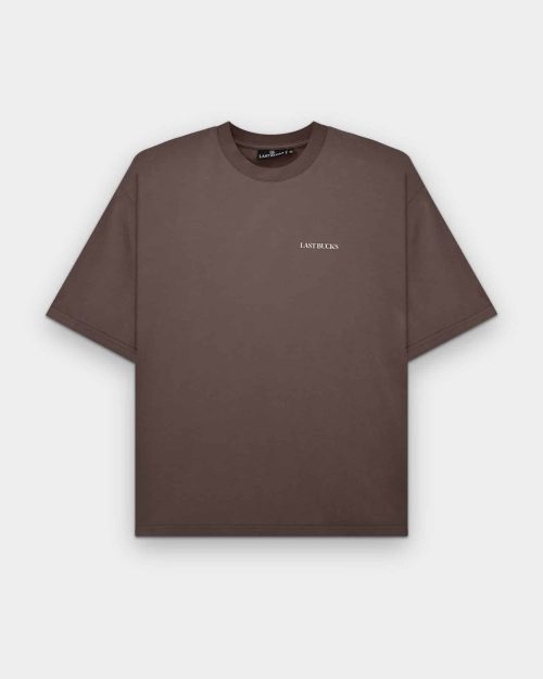 Capital Tee Mocha Brown by Last Bucks, front view with a minimalist “LAST BUCKS” chest logo in light beige