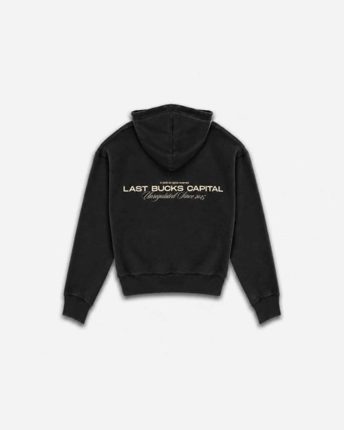 Capital Zip Hoodie Jet Black by Last Bucks, back view with the “LAST BUCKS CAPITAL” print and “Unregulated Since 2025”