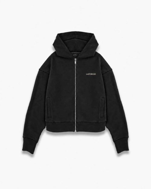 Capital Zip Hoodie Jet Black by Last Bucks, front view with full zip, hood and small “LAST BUCKS” chest logo