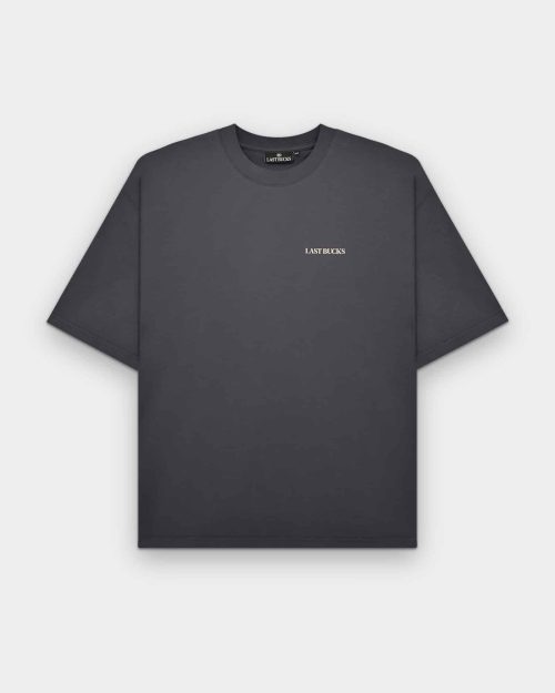 In Balance Tee Anthracite by Last Bucks, front view with a minimalist “LAST BUCKS” chest logo