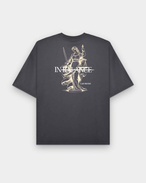 In Balance Tee Anthracite by Last Bucks, back view with the Lady Justice print and struck-through “IN BALANCE”
