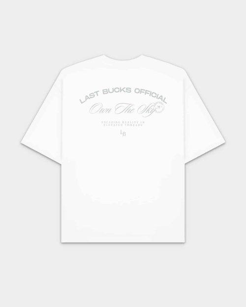 Own The Sky Tee White by Last Bucks, back view with the vintage-style “Own The Sky” script print