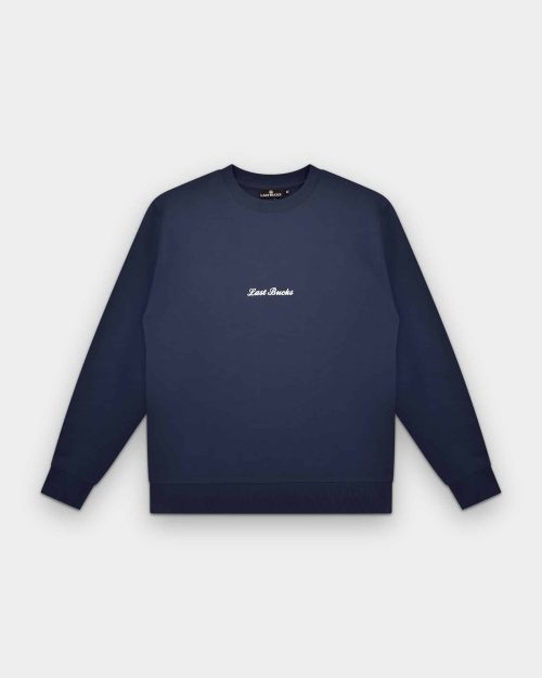 Signature Sweater Navy by Last Bucks, front view with a small embroidered chest logo