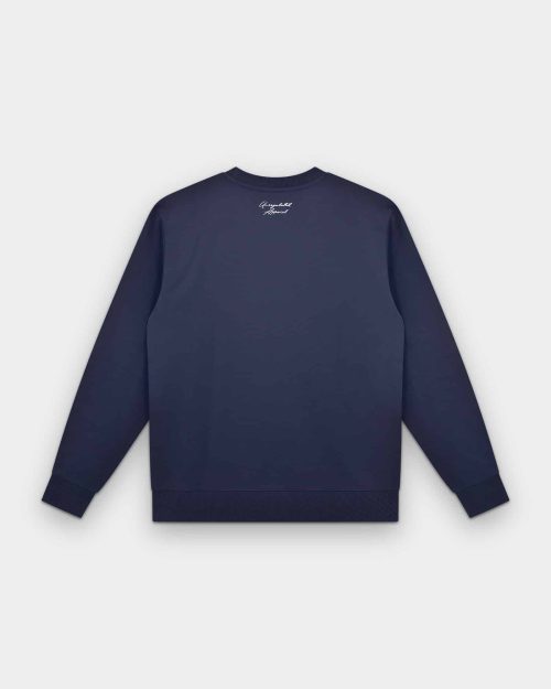 Signature Sweater Navy by Last Bucks, back view with the tagline embroidered inside the neck