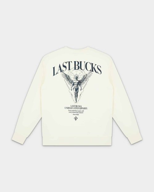 Sinner & Saint Sweater Off-White by Last Bucks, back view with a winged figure print and the Wilde quote