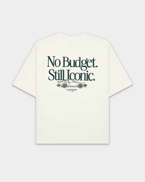 The Iconic Tee Off-White by Last Bucks, back view with a sports coupé print and “No Budget. Still Iconic.”
