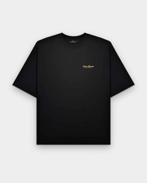 The Script Tee Jet Black by Last Bucks, front view with a small gold “Last Bucks” script logo on the chest