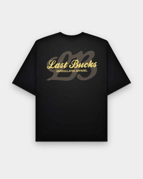 The Script Tee Jet Black by Last Bucks, back view with a gold “Last Bucks” script print and a tonal “LB” graphic